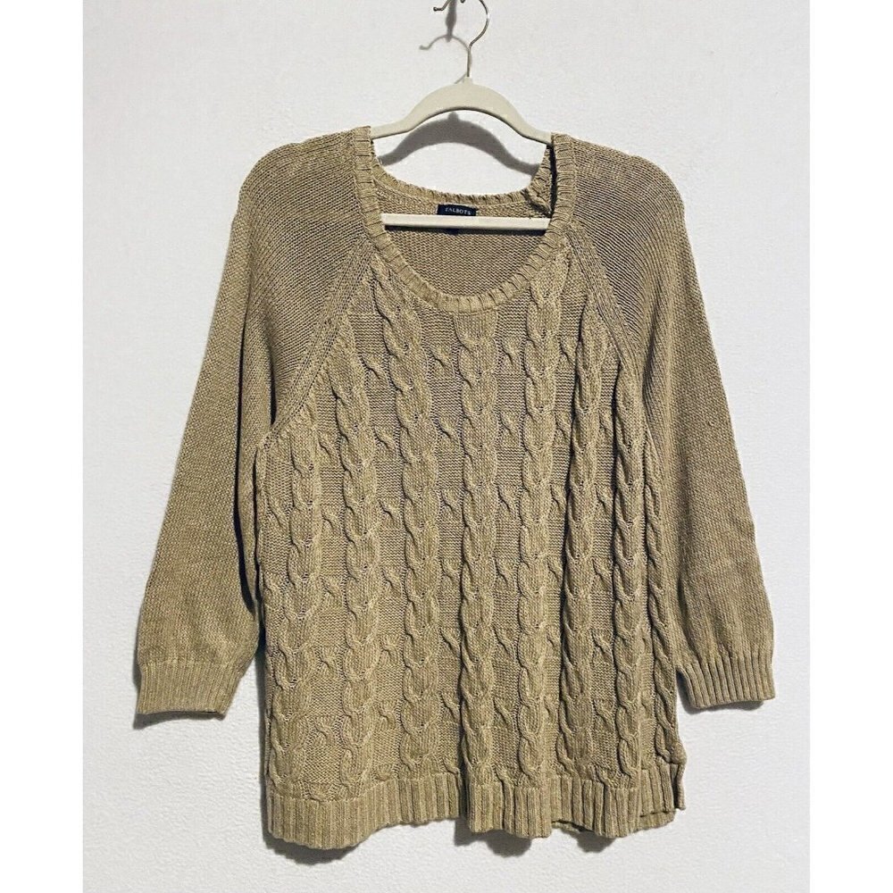 Talbots Sweater Womens XL Cable Knit Raglan Sleeve Brown Linen Cotton Side Slits